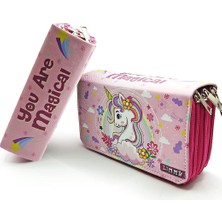 MSP Kalem Kutusu Unicorn Bahar Temalı Kawai Organizer Kalemkutu Vegan Deri Üç Bölmeli Kalemlik- Pembe