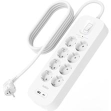 8'li Çoklu Priz, Yüksek Gerilim Korumalı, Duvara Montaj, 8 Priz, 2 M Güç Kablosu, Yeşil Işıklı Gösterge, Hızlı Şarj Için USB C Pd’li Usb-C ve Usb-A Bağlantısı; 900 Jul Koruma
