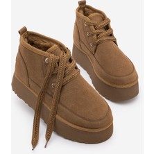 Marjin Kadın Mariva Taba Süet İçi Kürklü Günlük Bot Kalın Taban ve Kısa Topuk ile Şık Görünüm