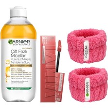 Bomii Skin Naturals Çift Fazlı Micellar Kusursuz Makyaj Temizleme SUYU(400ML)&MAYBELLINE New York Super Stay Vinyl Ink Uzun Süre Kalıcı Likit Parlak Ruj 15 Peachy + Hediye Havlu Bileklik 2'li Set