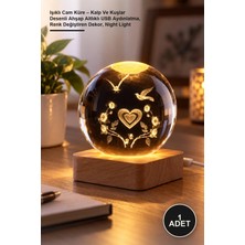 Yenilig 1 Adet Işıklı Cam Küre – Kalp ve Kuşlar Desenli Ahşap Altlıklı USB Aydınlatma, Renk Değiştiren Dekor, Night Light
