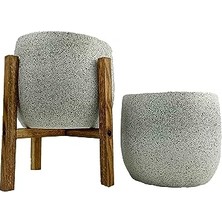 Bomii Bitki Tasarımı Ev Dekorasyon Aksesuar Beyaz Granit Toprak Saksı Saksılık Salon Çiçeklik Ikili Set Ayaksız - 4 Ayaklı- 19 cm