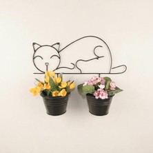 Bomii Kedi Figürlü Duvar Saksılığı - Metal Askılı Ikili Saksı ve Çiçeklik (Siyah)