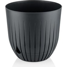 Bomii Çizgi Saksı Plastik Delikli Tabaklı Çiçek Saksısı (1 Adet, Antrasit, 5 Litre)