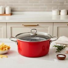 Trendexa Crispella 22 cm Cam Kapaklı Emaye Kızartma Tenceresi - Kırmızı
