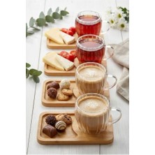 Trendexa 4 Kişilik 8 Parça Çift Cidarlı Bardak ve Bambu Tabaklı Espresso Çay Kahve Fincan Takımı Şeffaf