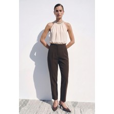 Sateen Yüksek Bel Pensli Pantolon - Kahverengi