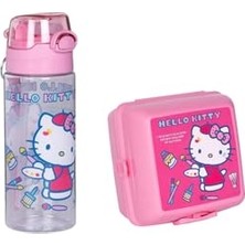 Trendexa Hello Kitty 2'li Set, 500ML Pipetli Askılı Su Matarası, 4 Bölmeli Çocuk Beslenme Kabı, Pembe