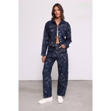 C&R Klasik Jakarlı Çiçek Desenli Denim Ceket - Lacivert