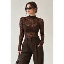 Qu Style Küçük Çiçek Desenli Flok Baskı Transparan Bluz -Kahverengi