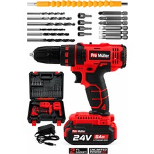Pro Müller Alman Red Series Darbeli  Çelik Şanzuman Bakır Sargılı Çift Akülü Şarjlı Matkap 27 Parça Set