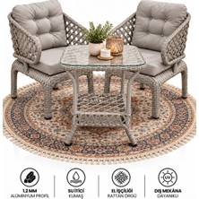 Çavdar Group Cenevre Raddan 1+1 Bistro Set Minderli 2 Kişilik Raddan Oturma Grubu Camlı Sehpa Bahçe Balkon Teras Set