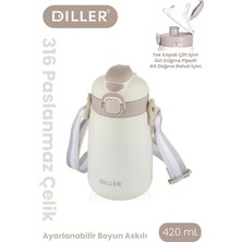 Guguk Store Dıller 420 ml Pipetli/pipetsiz Tek Kapak Çift Kullanım Askılı Çelik Termos Su Matarası 6 Saat Sıcak/soğuk Beyaz
