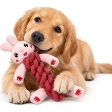 Rafta Köpekler Için Halatlı Peluş Isırma ve Çiğneme Oyuncağı, Yumuşak Dokulu Hayvan Figürlü Oyun Oyuncağı, Isırma Taşıma ve Çekiştirme Için Eğlenceli Aktivite Oyuncağı - Pembe Tavşan