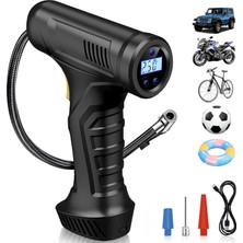 Rafta Tr Şarjlı Taşınabilir Hava Kompresörü, 3600 Mah Tabanca Tipi 150 Psı Güçlü Lastik Şişirme Pompası, Araba Bisiklet Motosiklet Top ve Şişme Ürünler Için Otomatik Basınç Ayarlı LCD Ekranlı Mini Kompresör