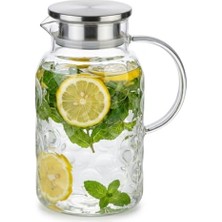 Defne Store Deinhaus Cam Sürahi, 2000 Ml, Paslanmaz Çelik Kapaklı, Şeffaf, Kabartmalı Desen, Soğuk ve Sıcak Içecekler Için