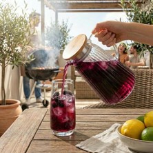 Defne Store Akasya Kapaklı Borosilikat Cam Sürahi - 4 Farklı Model ve 1.8 Lt ve 2 Lt Büyük Boy Seçenekli Isıya Dayanıklı Meşrubat ve Su Karafı (Ince Çizgili Konik 1.8 Litre)