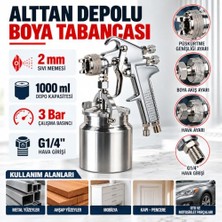 aklow akyoleticaret Boya Tabancası Alttan Depolu 2 mm 1000 ml 3 Bar Ayarlanabilir Metal Boya Püskürtme Tabancası