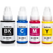 Canon Pixma G1400, Canon Pixma G3410 Uyumlu GI-490 4 Renk Muadil Mürekkep Seti 135 ml Siyah 70 ml Renkler