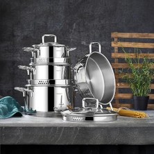 Bomii Diamond Strainer 8 Parça Süzgeçli Cam Kapaklı Çelik Tencere Seti