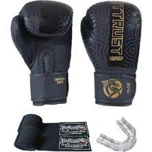 Bomii Cool Lime Hakiki Deri Kick Boks Eldiveni Muay Thai Bandaj Dişlik 3'lü Set Siyah 14 Oz