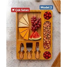Trendexa Ahşap Peynir Servis Tabağı 3+1 Bölmeli – 3’lü Peynir Bıçağı Seti Şarküteri Sunum Tahtası Bej 39 x 27