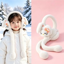 Syn Shop Sevimli Kedi Hello Kittyyy Desenli Beyaz Genç Kız Çocuk Peluş Oynar Kulak Sesli Hareketli Kışlık Isıtıcı Tavşan Kulaklı Fiyonklu Uzun Kollu Kışlık Kulaklık Şapka
