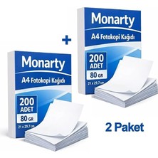 Monarty A4 Fotokopi Kağıdı, 21X29,7 Cm, 200 Sayfa, Beyaz, Yazıcı ve Fotokopi Uyumlu 80 Gram 2 Paket