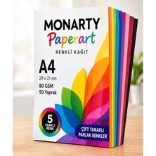 Monarty A4 Çok Renkli Kağıt, 80 Gsm, 29X21 Cm, 5 Farklı Renkli, Çift Taraflı Parlak Renkler 50