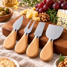 Defne Store 4 Parça Bambu Saplı Peynir Bıçağı ve Sunum Seti – Peynir Kesme ve Servis Aparatları