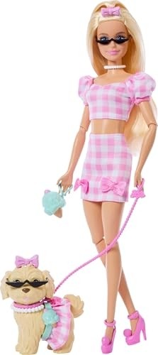 Aesco Barbie Uyumlu Dostlar Sarı Saçlı Bebek ve Köpekçiği, Pötikare Desenli, Pembe Renkli Kıyafetler Giyen ve Güneş Gözlüğü, Kolye ve Fiyonk Gibi Aksesuarlar Takan, JFP36 görsel 5