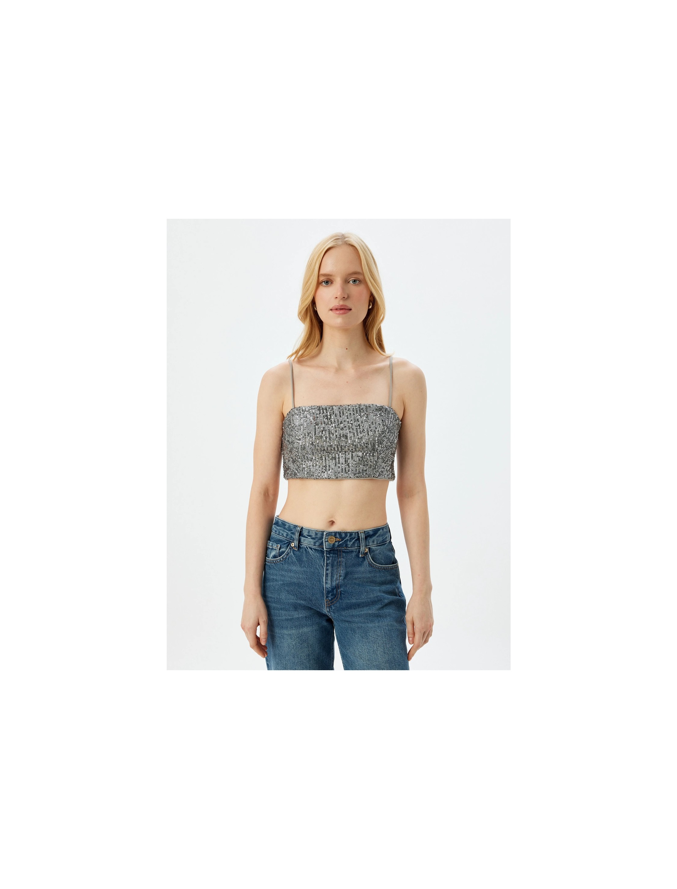 Koton Pullu Payetli Ip Askılı Crop Kare Yaka Abiye Bluz görsel 3