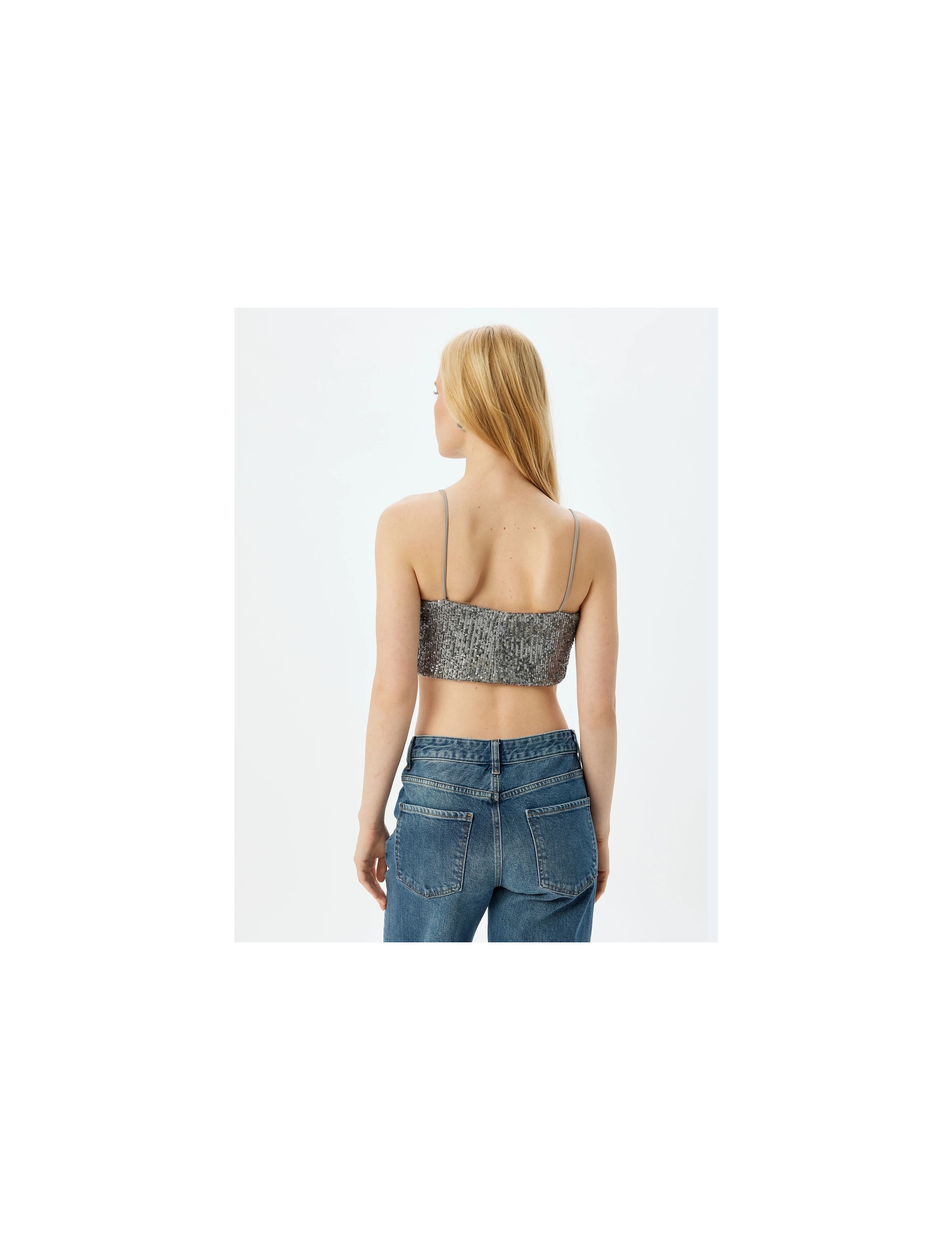 Koton Pullu Payetli Ip Askılı Crop Kare Yaka Abiye Bluz görsel 4