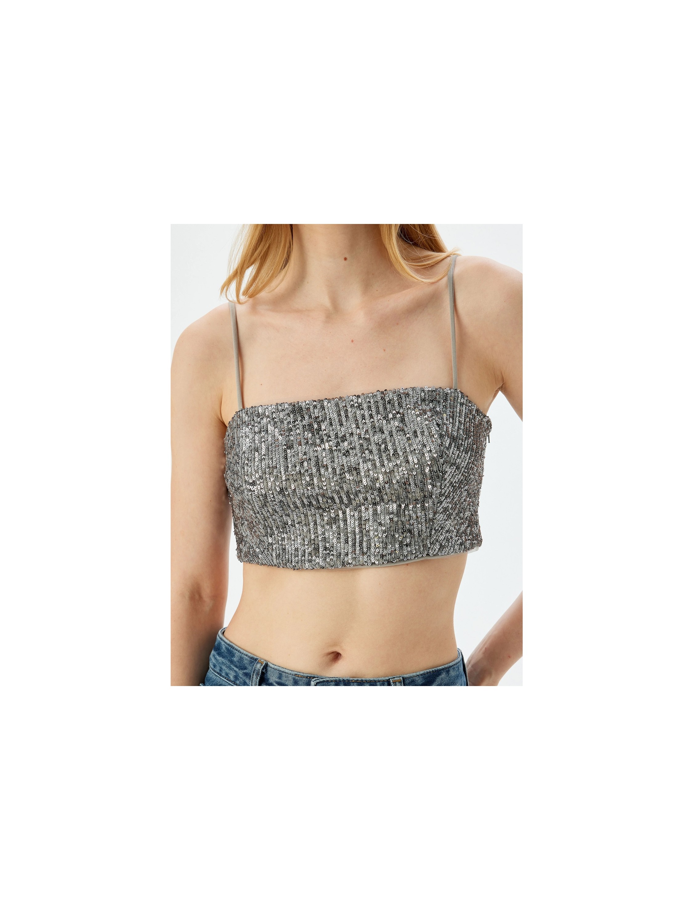 Koton Pullu Payetli Ip Askılı Crop Kare Yaka Abiye Bluz görsel 5