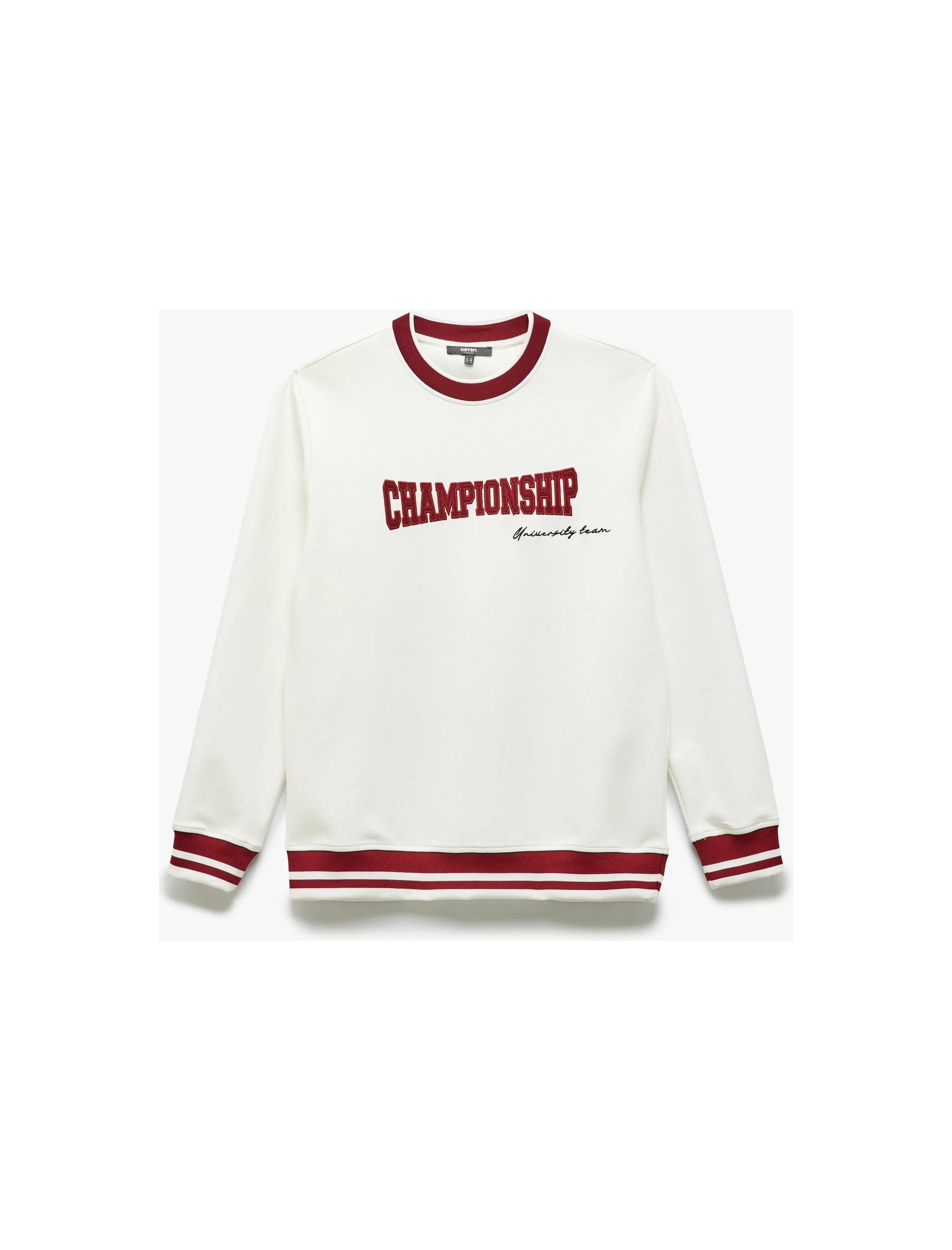 Koton Bisiklet Yaka Pamuk Karışımlı Şerit Detaylı Slogan Baskılı Sweatshirt