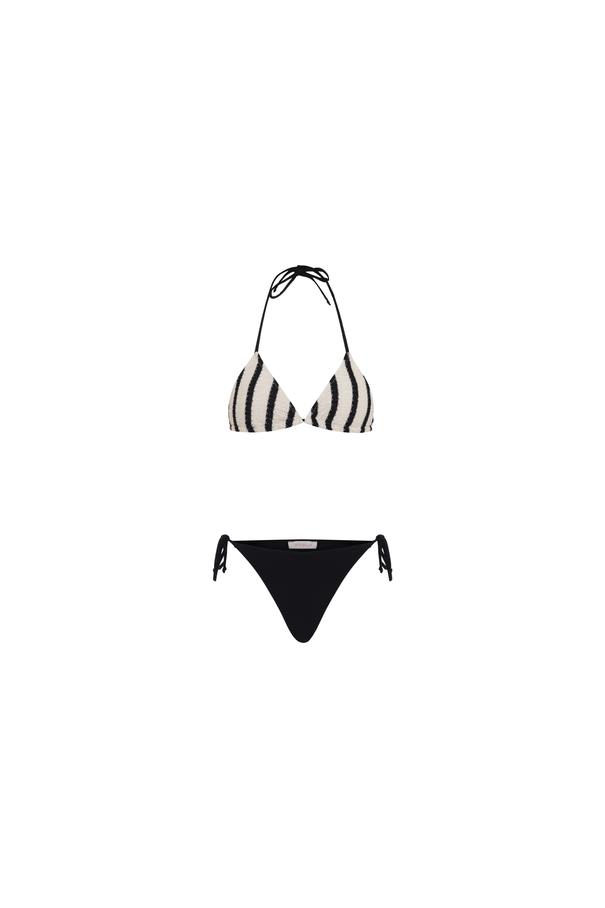 Aquella Ekru Siyah Çizgili Triko Üçgen Bikini Takım Kadın Yaz Tatili Plaj Stili