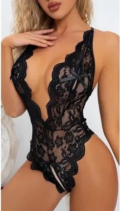 Eloria Fashion Özel Bölgesi Açık Dantelli Gecelik Tulum, Siyah Fantezi Gecelik, Tek Parça Seksi Gecelik