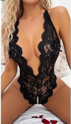 Eloria Fashion Özel Bölgesi Açık Dantelli Gecelik Tulum, Siyah Fantezi Gecelik, Tek Parça Seksi Gecelik görsel 2