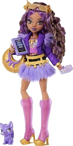 Aesco Monster High Mor Motosiklet Ceketi ve Tüylü Etek Giyen Monster High Clawdeen Wolf Bebek, Kurt Crescent ve Kitap, Kruvasan ve Çanta Gibi 7 Aksesuar, JHK30