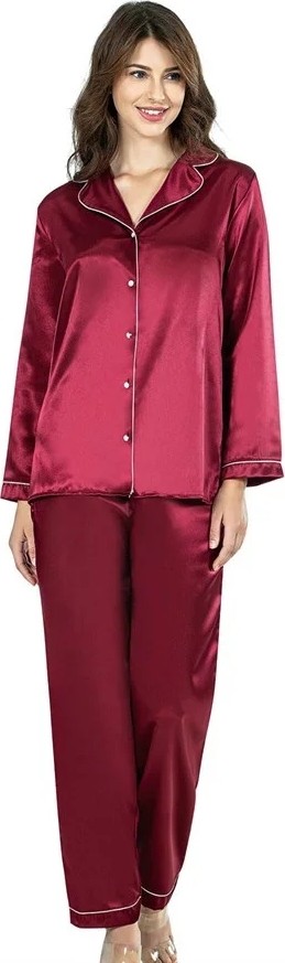 Fantastik Store Şık Tasarım Yumuşak Dokulu Biyeli Önden Düğmeli Bordo Ikili Saten Gecelik Pijama Takımı