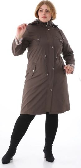 TUTveAL Collection Kadın Suya Dayanıklı Büyük Beden Trençkot Uzun Kapüşonlu Trençkot Bonded Kumaş Içi Ekoseli Trençkot görsel 4