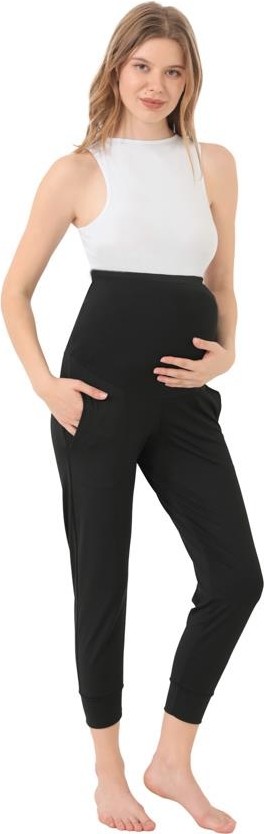 Cottonhill Siyah Esnek Yüksek Bel Çift Cepli Hamile Eşofman Altı Rahat Tasarım ve Nefes Alabilir Kumaş
