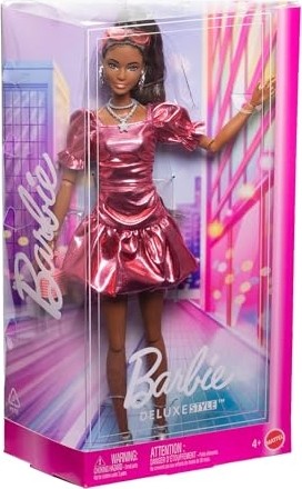 Aesco Barbie Stil Ikonu Bebek, Balon Etekli Metalik Mercan Rengi Elbise Giyen ve Güneş Gözlüğü, Mücevher ve El Çantası Gibi Aksesuarlar Takan, At Kuyruğu Siyah Saçlarıyla, JFP41 görsel 5