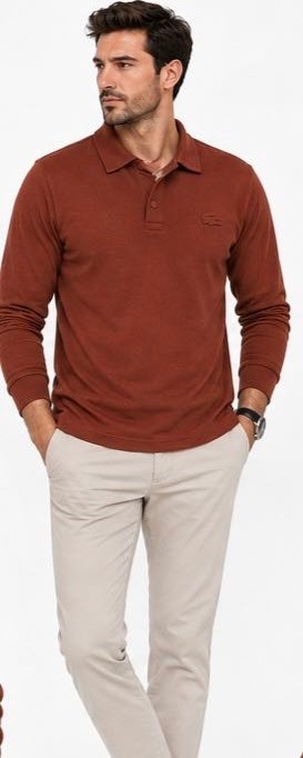 Lacoste Polo Yaka Çıt Çıt Kapama Regular Fit Uzun Kol Kiremit