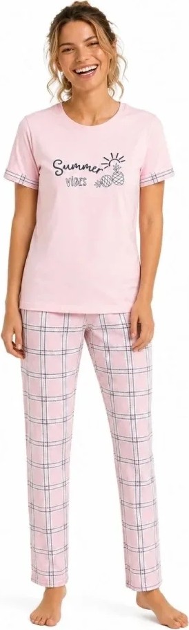 Beruflic Pamuklu Penye Summer Baskılı Kısa Kollu Pijama Takımı Ekose Desenli - Pembe görsel 4