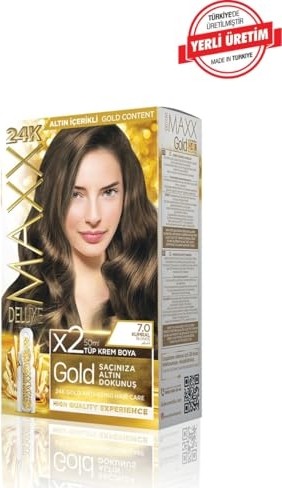 Aesco Maxx Deluxe Gold Serisi 24K Altın Parçacıklı Serum ile 1 Kutu 2 x 50 ml ve Geliştiriciler Saç Boyası (Kumral 7.0) görsel 3
