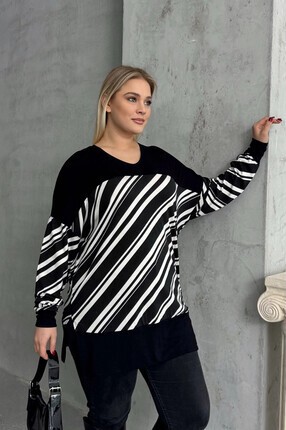 Stil Diva Büyük Beden V Yaka Uzun Kollu Bileği Lastikli Yırtmaçlı Bluz 303085
