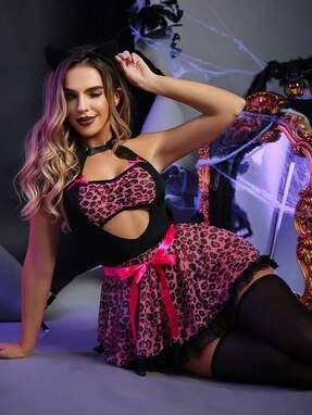 my cherie Pembe Leopar Baskılı Kedi Taç Elbise Takım Fantezi Kostüm görsel 3