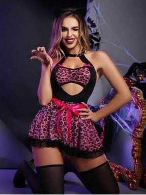 my cherie Pembe Leopar Baskılı Kedi Taç Elbise Takım Fantezi Kostüm görsel 2