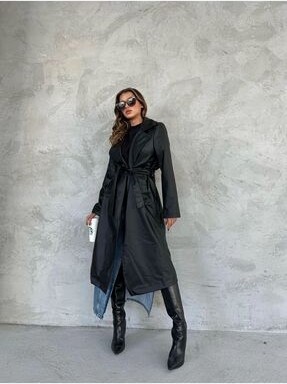 Vess Moda Vegan Kuşaklı Deri Trençkot Pardesü Kahve